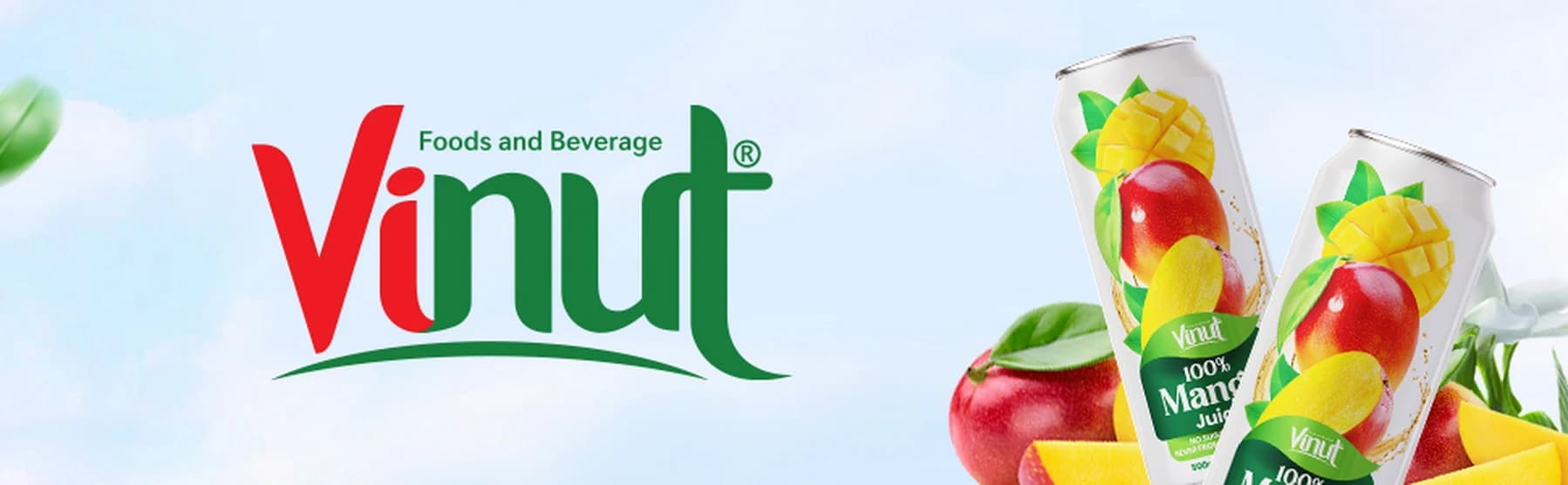 VINUT mango juice cans with mango fruit and the official VINUT logo
